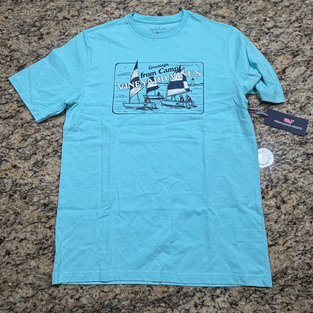 NEW Vineyard Vines Boys Letter From Camp Graphic Tee Andros Blue XL ws